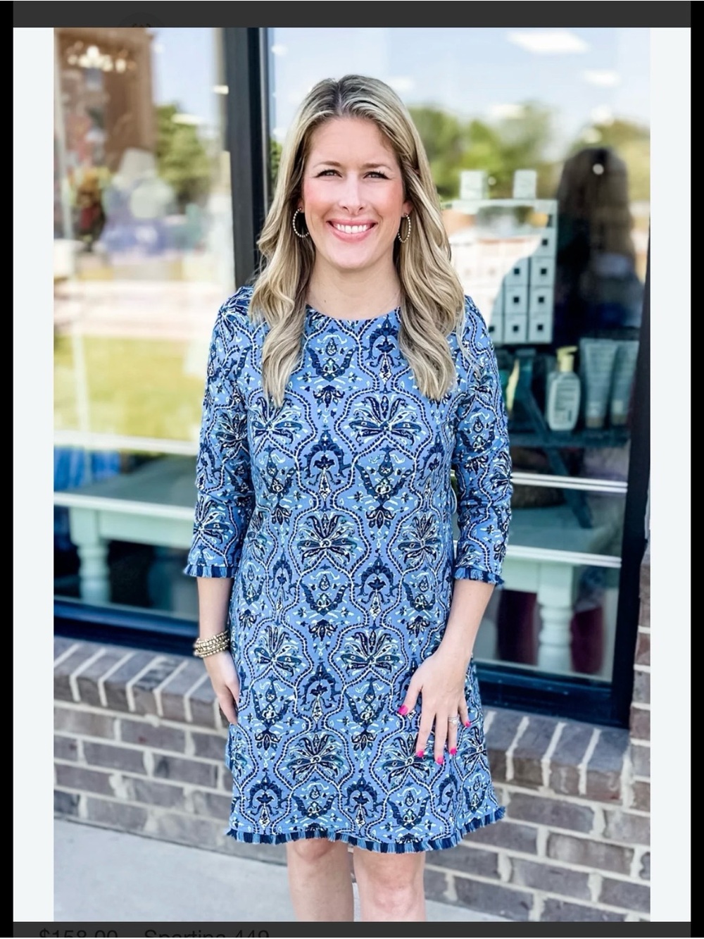 Spartina 449 Blue Floral Medallion Long-Sleeve Shift Dress Size Large